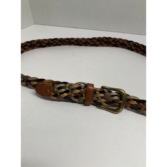 WOmens Sz L Belt Leather Woven Weave Blue Yellow Beige - Picture 2 of 4